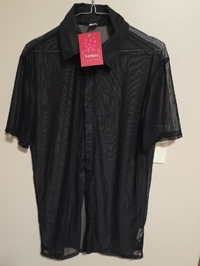 Verdusa Black Sheer Short-Sleeve Button-Down Shirt